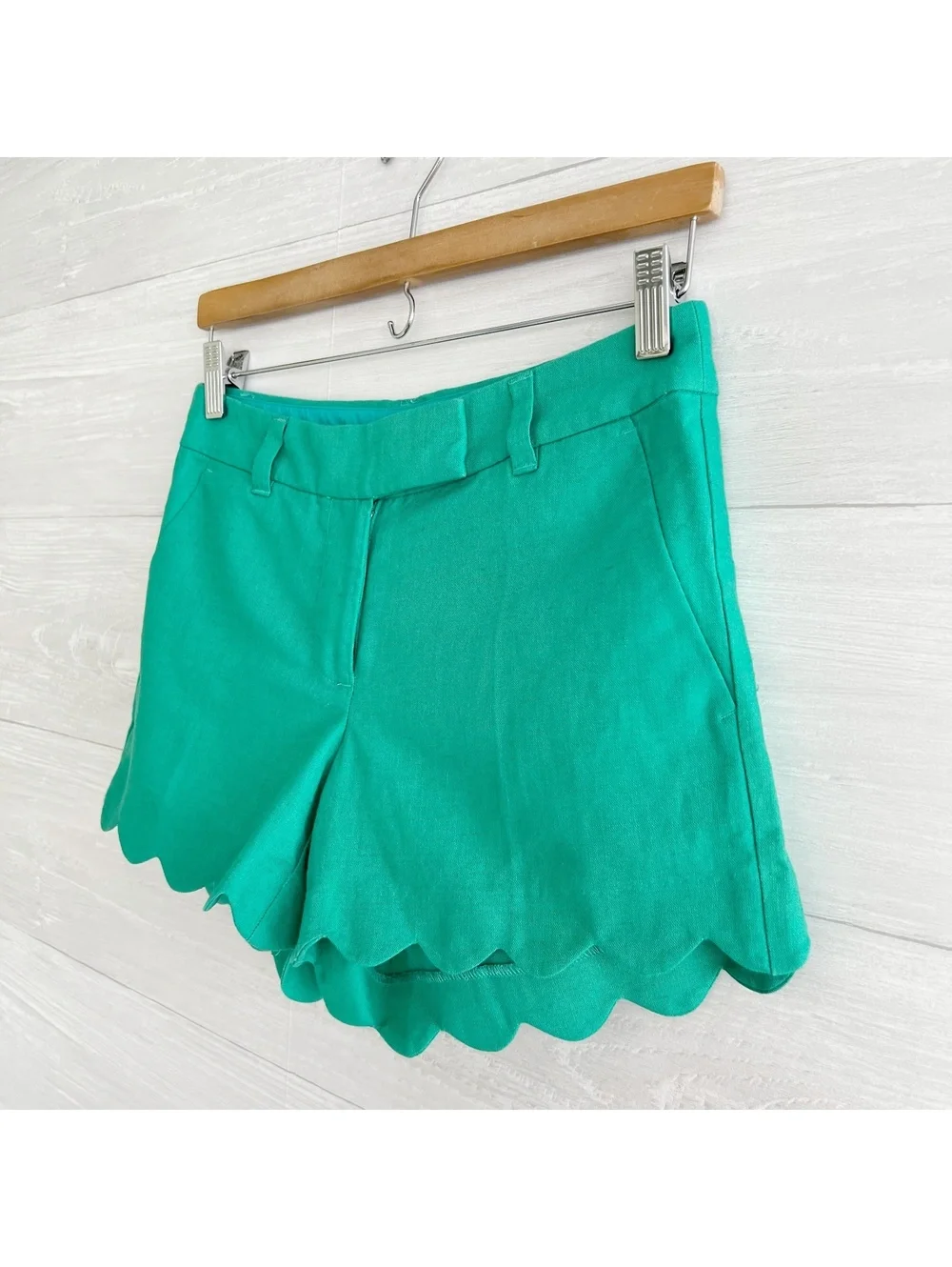 J.Crew Factory Womens 0 Green Linen Blend Scalloped Hem Shorts H5623